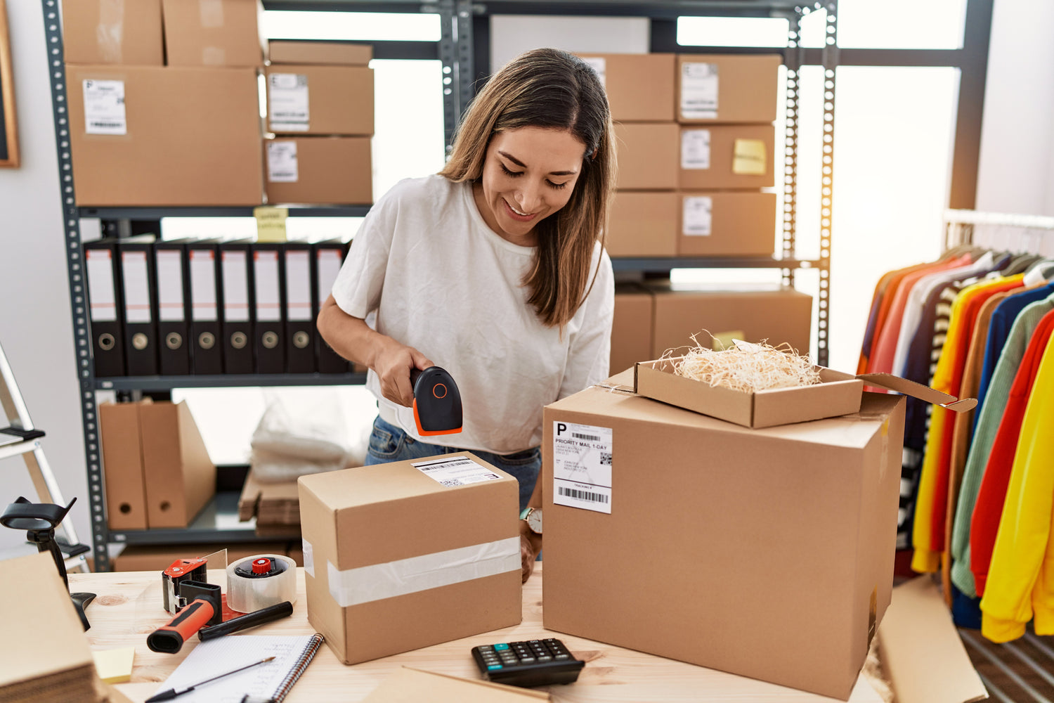 Woman scanning box